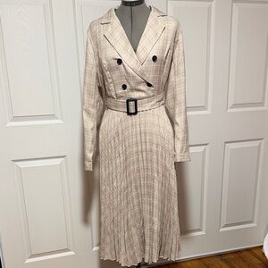Beige Plaid Belted Dress